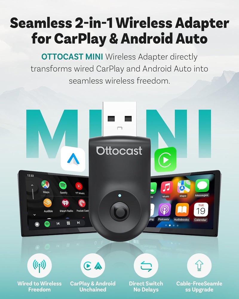 Ottocast Mini 2025 2-in-1 Wireless CarPlay/Android Auto Adapter, 5GHz WiFi, Auto Connect for 2016+ Cars - Image 2